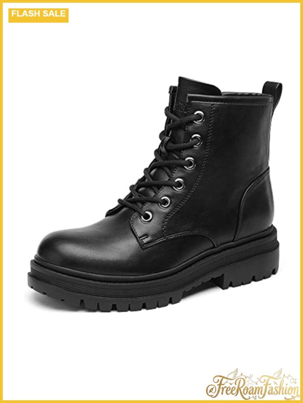 Faux Leather Combat Boots Lace-Up Ankle Booties Side Zipper
